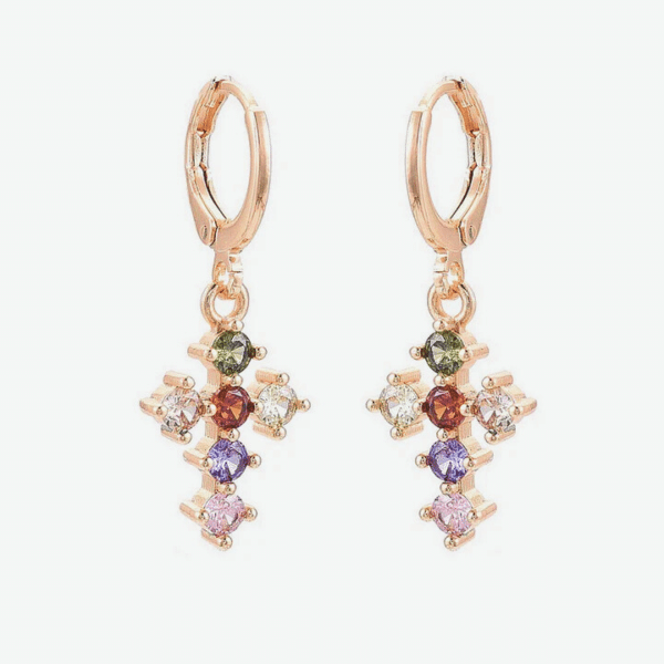 Boucles d'Oreilles Croix Religieuse Zirconiums Or Rose Boucles d'Oreilles Croix Religieuse Zirconiums Or Rose
