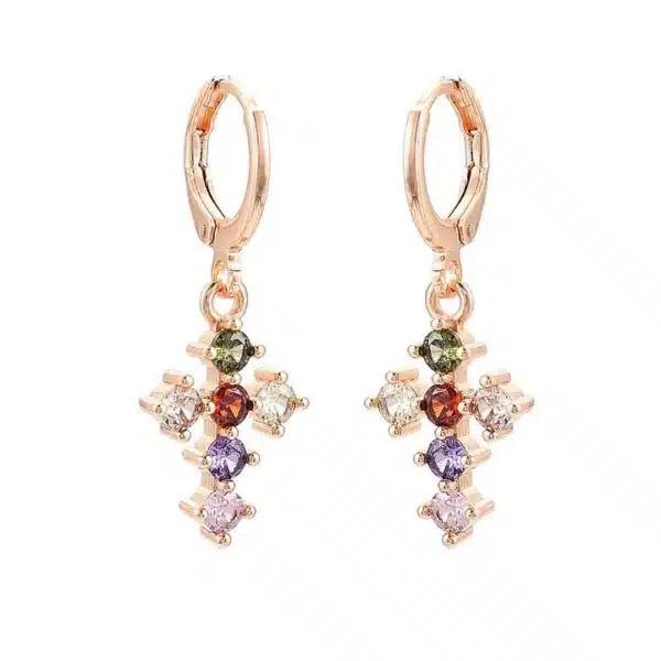 Boucles d'Oreilles Croix Religieuse Zirconiums Or Rose Boucles d'Oreilles Croix Religieuse Zirconiums Or Rose