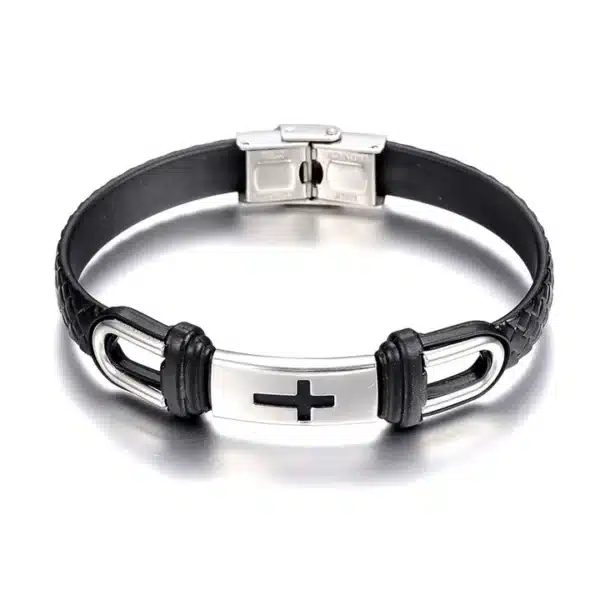 Bracelet Croix Chrétienne Cuir + Acier Inoxydable Bracelet Croix Chrétienne Cuir + Acier Inoxydable