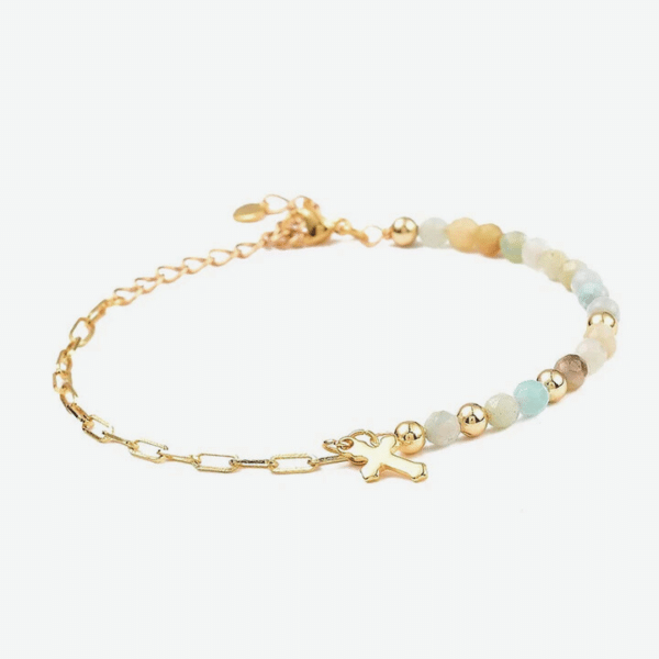 bracelet femme croix chrétienne + pierre amazonite
