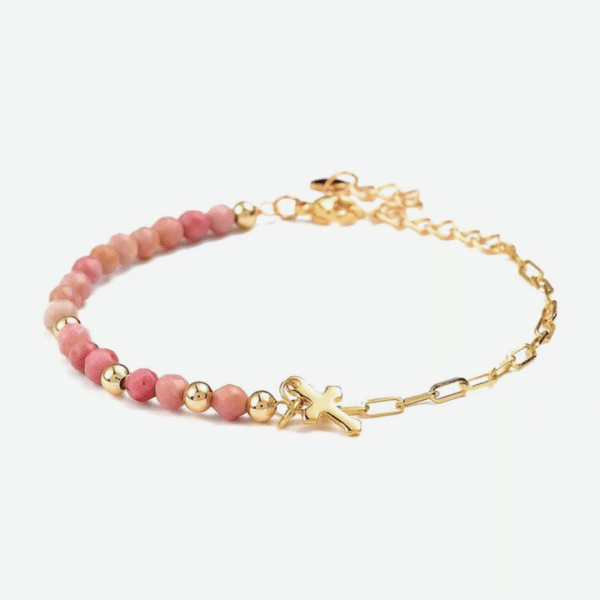 bracelet femme croix chrétienne + pierre rhodonite