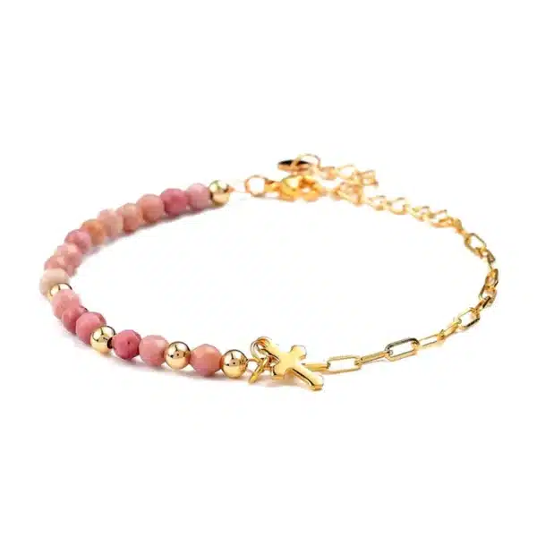 bracelet femme croix chrétienne + pierre rhodonite