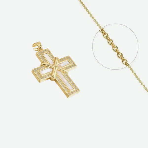collier croix chrétienne nacré + zirconiums sertis