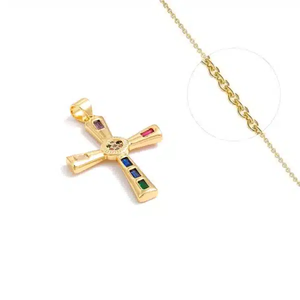 Collier Croix Moderne Plaqué Or + Oxyde Zirconiums Couleurs