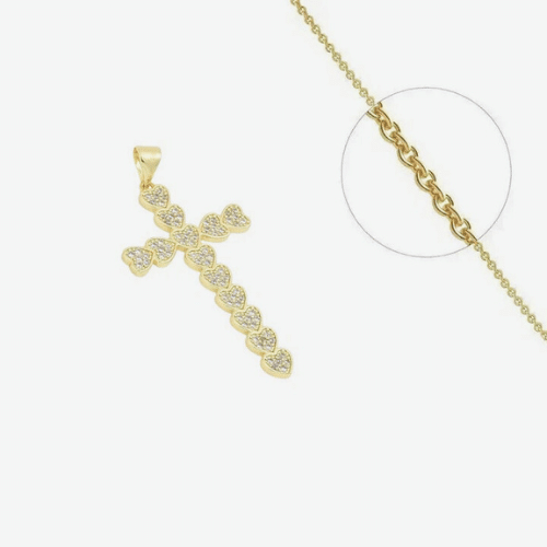 Collier Croix Catholique Plaqué Or Cœur+ Zirconiums Transparents
