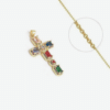 Collier Croix Catholique Plaqué Or + Zirconiums Couleurs Sertis
