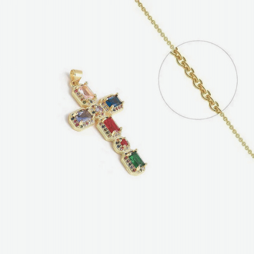 Collier Croix Catholique Plaqué Or + Zirconiums Couleurs Sertis