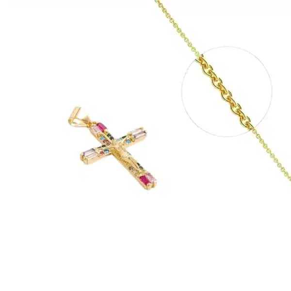 Collier Croix Crucifix Plaqué Or + Zirconiums Couleurs