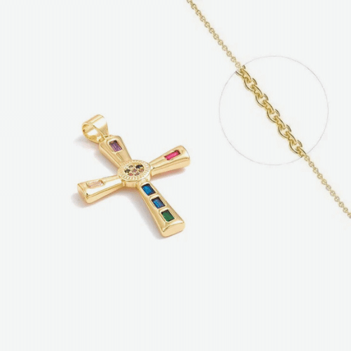 Collier Croix Moderne Plaqué Or + Oxyde Zirconiums Couleurs