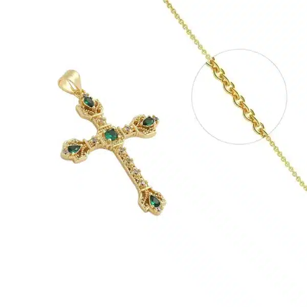 Collier Croix Religieuse Latine Plaqué Or + Zirconiums Verts