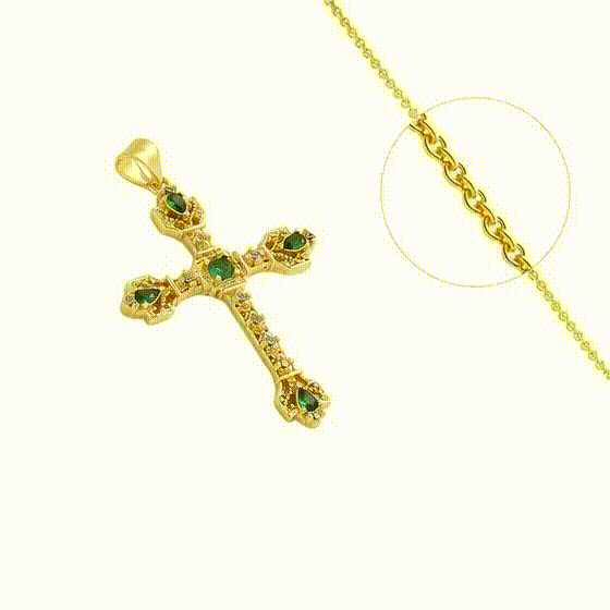Collier Croix Religieuse Latine Plaqué Or + Zirconiums Verts