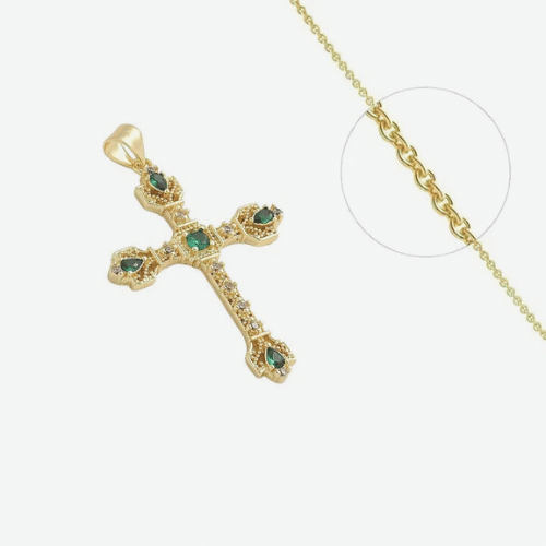 Collier Croix Religieuse Latine Plaqué Or + Zirconiums Verts