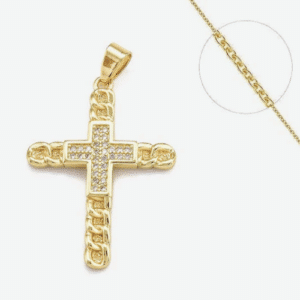 Collier Style Croix Maille Plaqué Or + Zirconiums Transparents