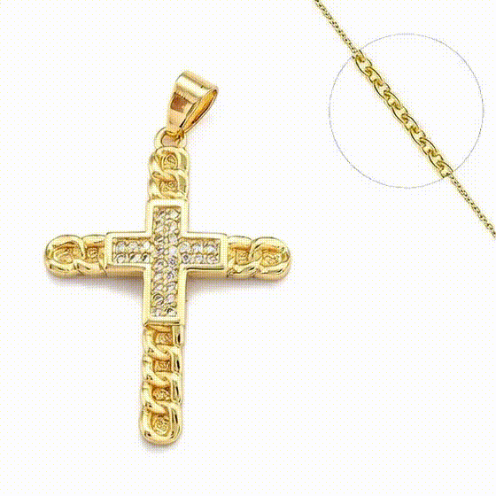 Collier Style Croix Maille Plaqué Or + Zirconiums Transparents