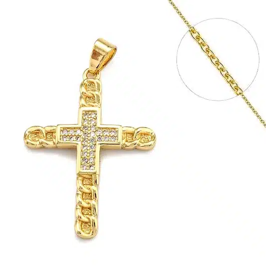 Collier Style Croix Maille Plaqué Or + Zirconiums Transparents