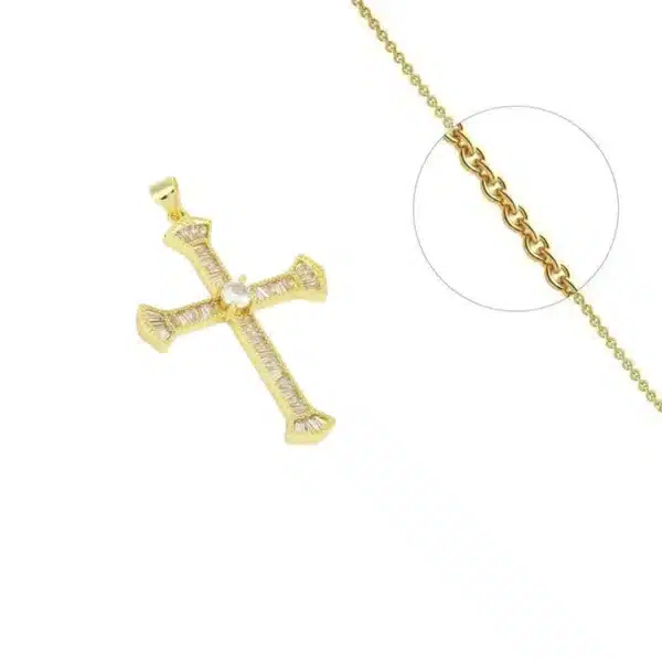 Collier Style Croix Religieuse Plaqué Or + Zirconiums Transparents