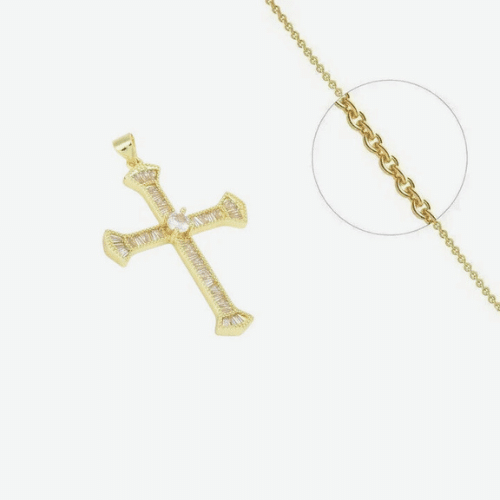 Collier Style Croix Religieuse Plaqué Or + Zirconiums Transparents