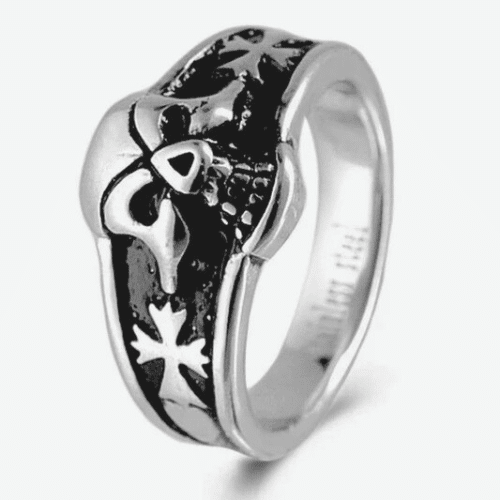 Bague Acier 316 Homme Croix Malte et Tête de Mort