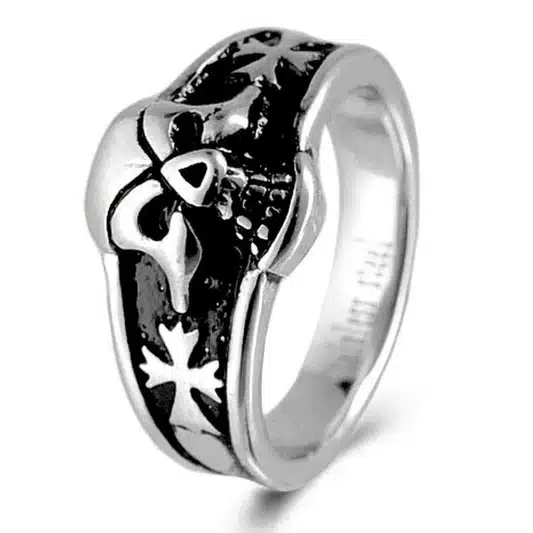 Bague Acier 316 Homme Croix Malte et Tête de Mort